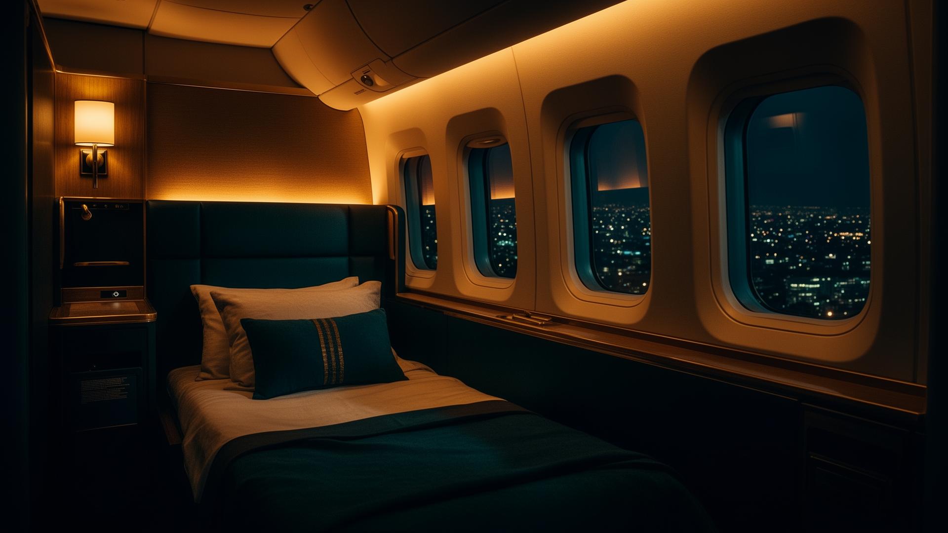 First-class lie-flat cabin at night with city lights below